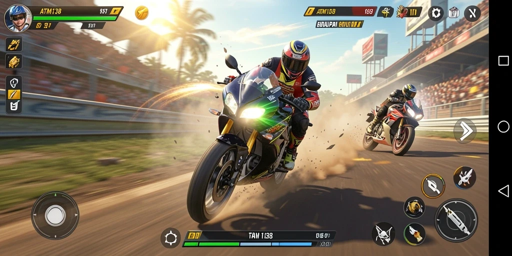 Screenshot ATM138 menampilkan aksi balapan motor yang mendebarkan.