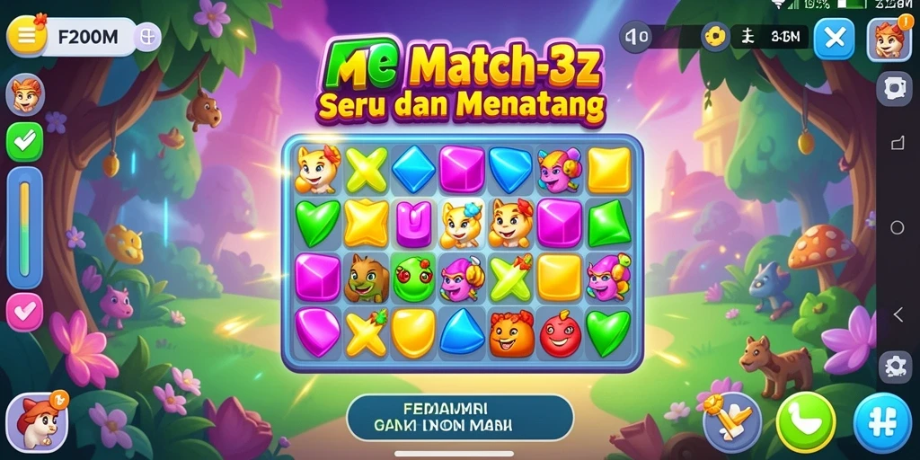 Screenshot gameplay F200M dengan aksi mencocokkan permata.