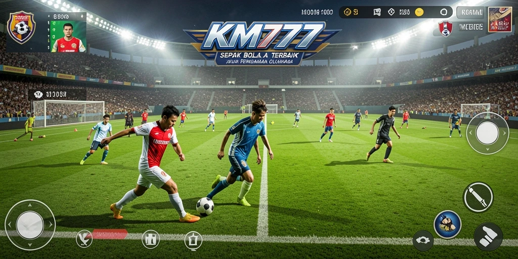 Screenshot gameplay KM777 yang menampilkan aksi seru di lapangan sepak bola.