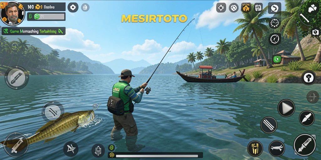 Tampilan gameplay MESIRTOTO dengan aktivitas memancing seru.