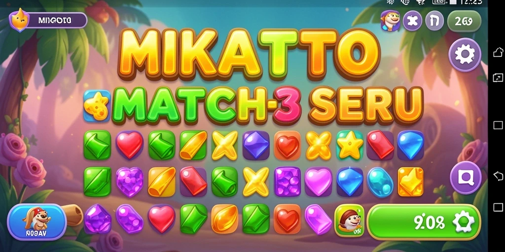 Screenshot MIKATOTO menunjukkan gameplay Match-3 yang seru dan penuh warna.