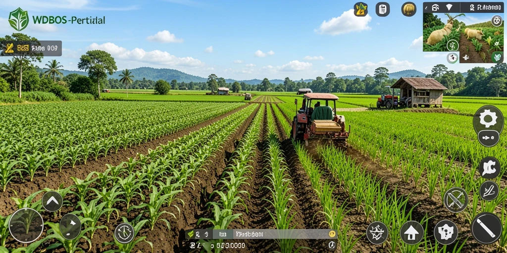 Screenshot gameplay WDBOS yang menampilkan pertanian yang aktif dan interaktif.